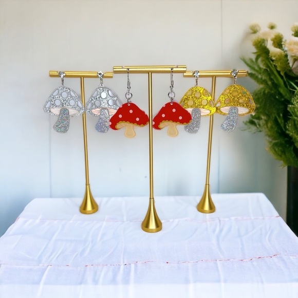 Mushroom Magic: Silver & White Dangle Earrings for Fungi Lovers! Brand New - Picture 3 of 4